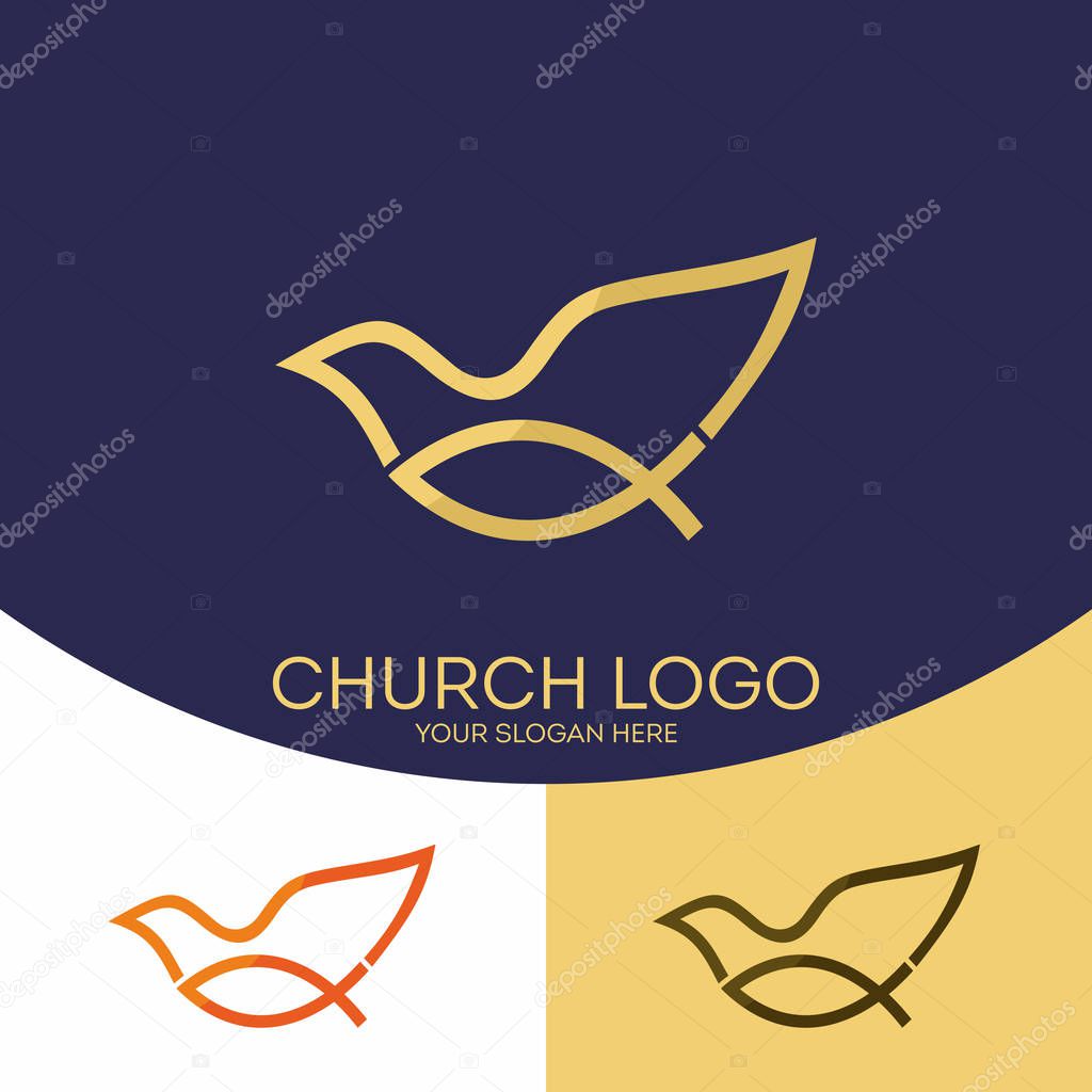 Church logo. Christian symbols. Fish - Jesus symbol, a dove - the Holy Spirit