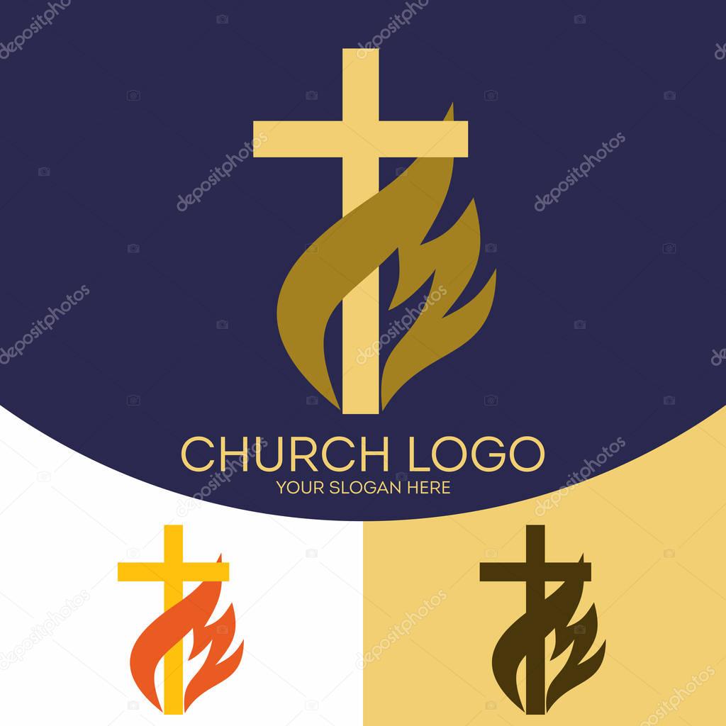 Church logo. Christian symbols.  The cross of Jesus Christ, the flame - a symbol of the Holy Spirit.