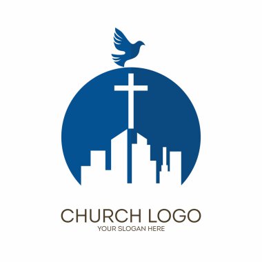 Kilise logosunu görmeniz gerekir. Hıristiyan sembolleri. Büyük şehrin üzerinde İsa Mesih'in haç kuleleri.