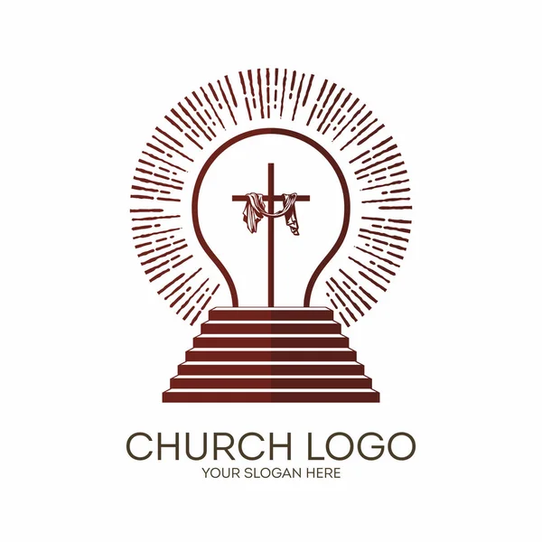 Logotipo da igreja. Símbolos cristãos. Sendo luz e aproximando-se dos passos de Deus, Jesus Cristo brilha . — Vetor de Stock