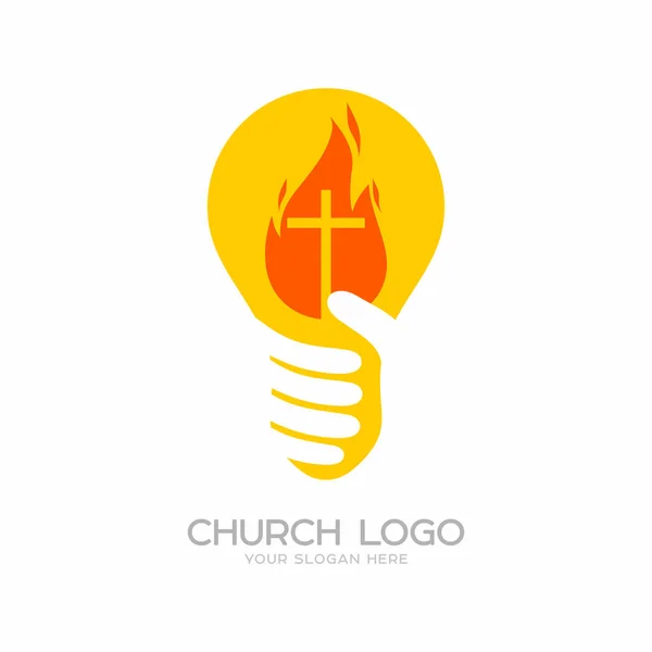 Logo Kościoła. Symboli chrześcijańskich. Żarówka, światło świata - Krzyż Jezusa Chrystusa. — Wektor stockowy