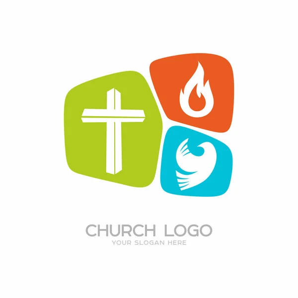 Logotipo da igreja. Símbolos cristãos. A cruz de Jesus Cristo, uma pomba - o Espírito Santo e chama . —  Vetores de Stock