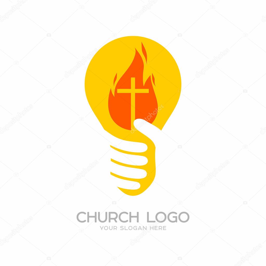 Church logo. Christian symbols. Lamp, light of the world - the Cross of Jesus Christ.