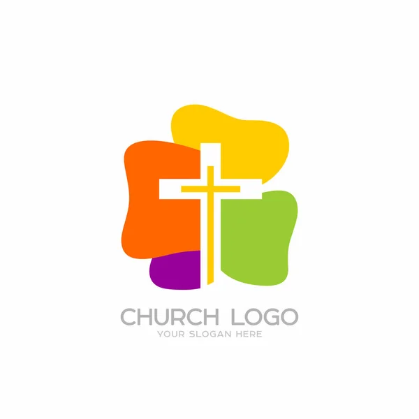 Logotipo da igreja. Símbolos cristãos. Cruz do Senhor e Salvador Jesus Cristo . — Vetor de Stock