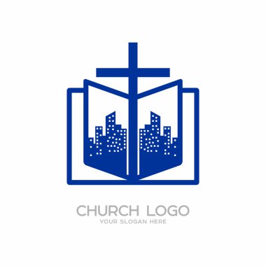 Kilise logosunu görmeniz gerekir. Hıristiyan sembolleri. Tanrı ve Kurtarıcımız İsa Mesih, şehir ve İncil çapraz.