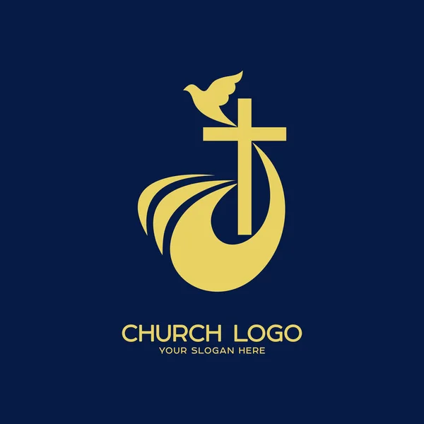 Logotipo da igreja. Símbolos cristãos. A cruz de Jesus Cristo e do Espírito Santo é uma pomba . —  Vetores de Stock