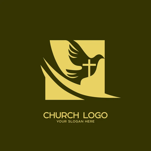 Logo della Chiesa. Simboli cristiani. La croce di Gesù Cristo e dello Spirito Santo è una colomba . — Vettoriale Stock