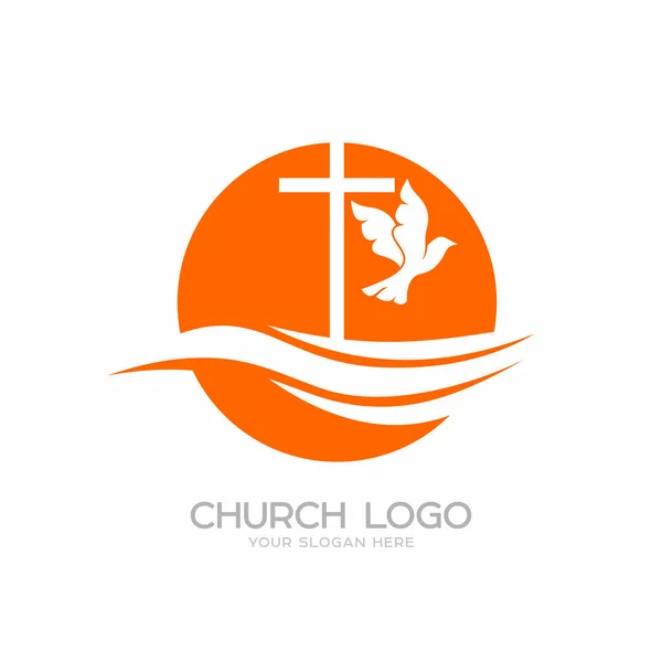 Logotipo da igreja. Símbolos cristãos. A cruz de Jesus Cristo e do Espírito Santo é uma pomba . — Vetor de Stock