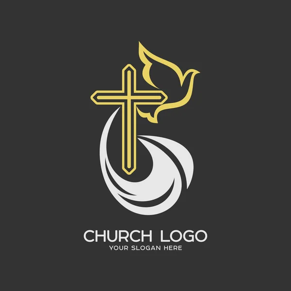 Logo de la iglesia. Símbolos cristianos. La cruz de Jesucristo y el Espíritu Santo es una paloma . — Vector de stock