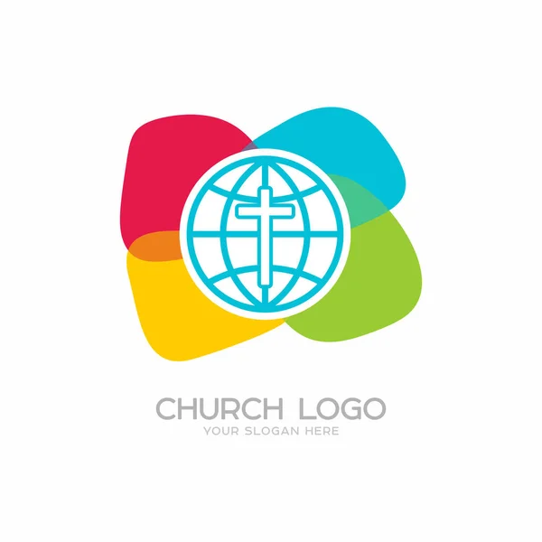 教会のロゴ。キリスト教のシンボル。イエス ・ キリストと世界中のクロス. — ストックベクタ