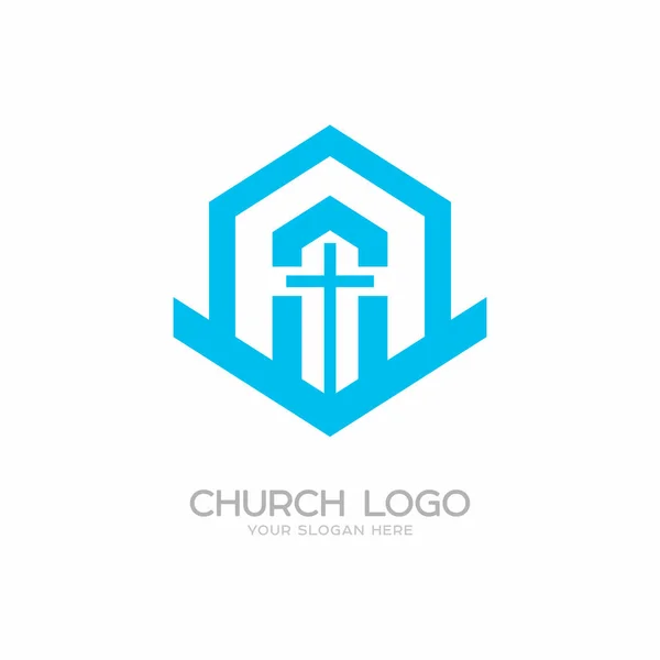 Logo gereja. Simbol Kristen. Salib Tuhan dan Juruselamat Yesus Kristus, pembangunan gereja . - Stok Vektor