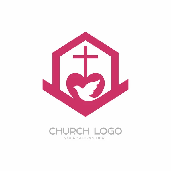Kyrkan-logotypen. Kristna symboler. Korset av Herren och Frälsaren Jesus Kristus, byggandet av kyrkan, den Helige Anden är en duva. — Stock vektor