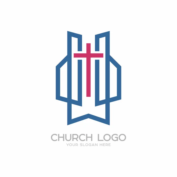 Logotipo da igreja. Símbolos cristãos. Cruz do Senhor e Salvador Jesus Cristo . — Vetor de Stock