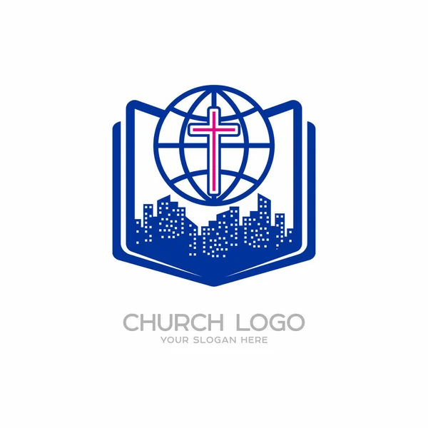 Logo della Chiesa. Simboli cristiani. Croce del Signore e Salvatore Gesù Cristo, città, globo, Bibbia . — Vettoriale Stock