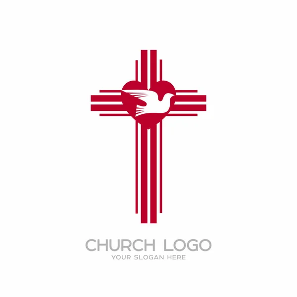 Logo van de kerk. Christelijke symbolen. Het Kruis van de heer en Heiland Jezus Christus, het hart en de Heilige Geest is een duif. — Stockvector