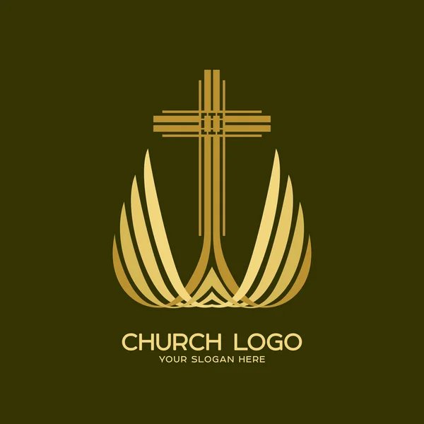 Kostel logo. Kříž Pána a Spasitele Ježíše Krista a křídla — Stockový vektor