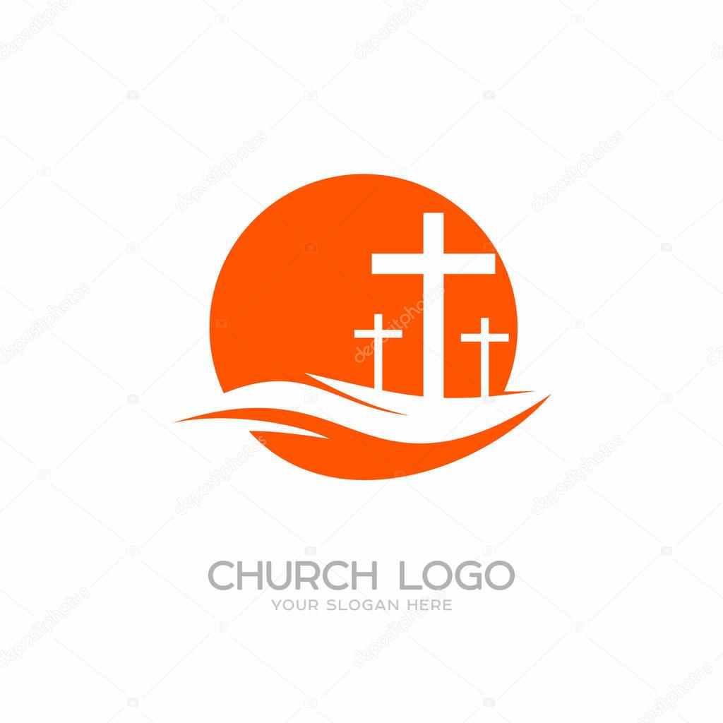 Church logo. Christian symbols. Three crosses on a hill.