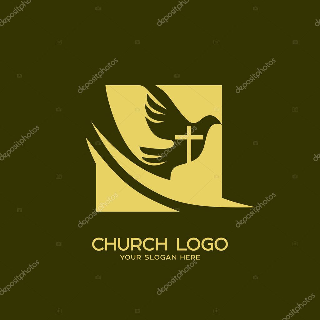 Church logo. Christian symbols. The cross of Jesus Christ and the Holy Spirit is a dove.