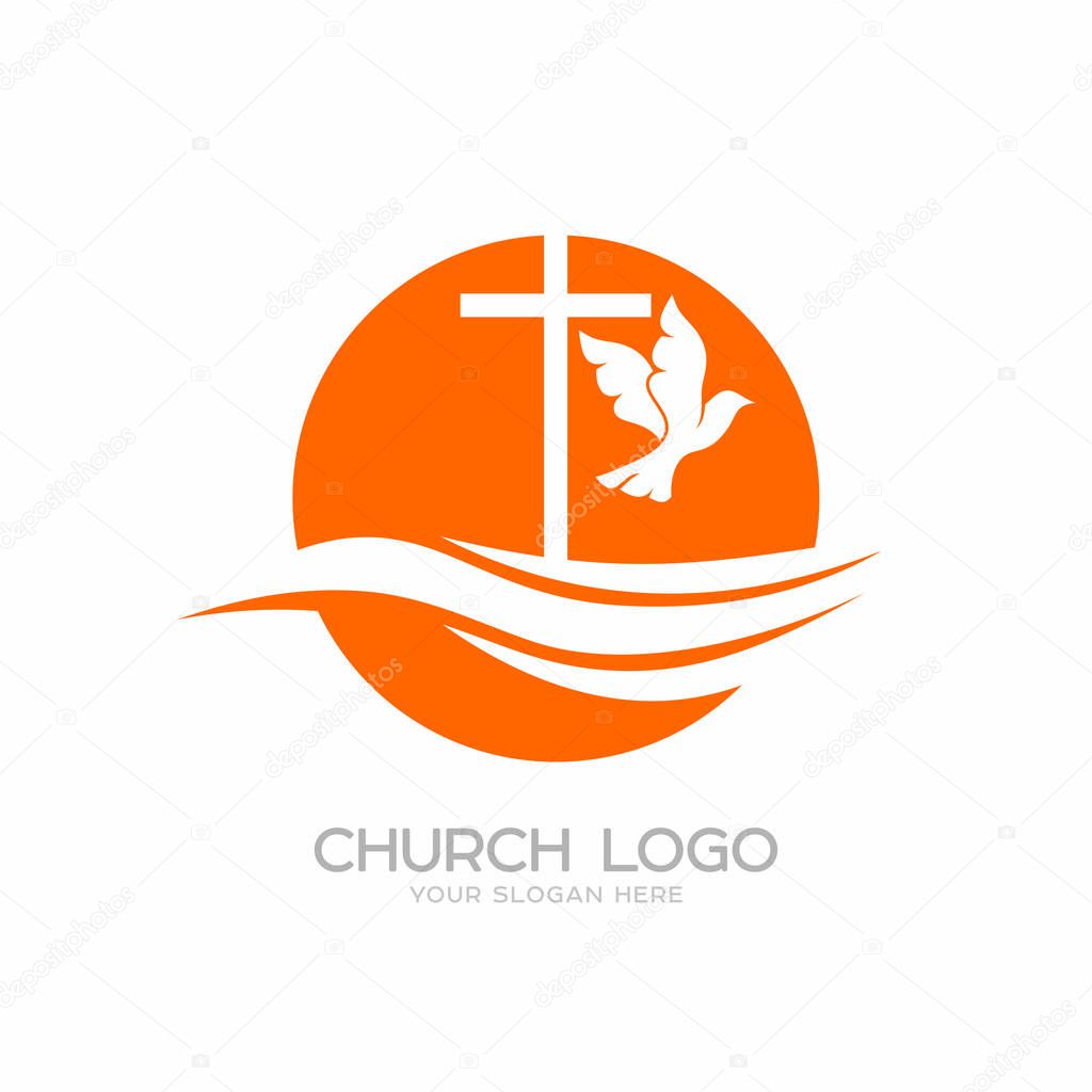 Church logo. Christian symbols. The cross of Jesus Christ and the Holy Spirit is a dove.