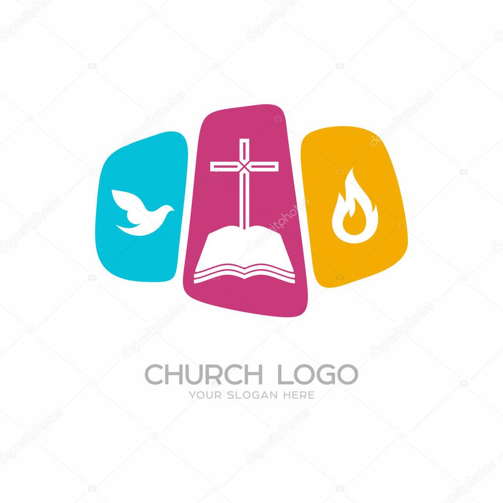 Church logo. Christian symbols. The cross of Jesus Christ is the bible and the Holy Spirit in the form of a dove and the flame of fire.