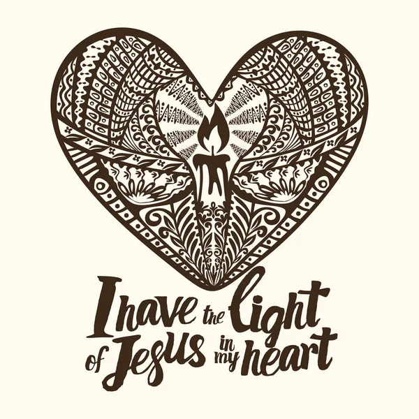Keresztény betűk, doodle művészet, tipográfia. Jézus a fény van a szívem. — Stock Vector