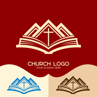 Kilise logosunu görmeniz gerekir. Cristian sembolleri. Cross İsa, İncil ve dağlar