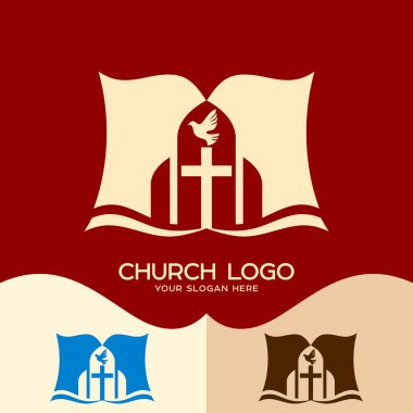 Kilise logosunu görmeniz gerekir. Cristian sembolleri. İsa, açık İncil ve güvercin - kutsal ruh sembolü haç