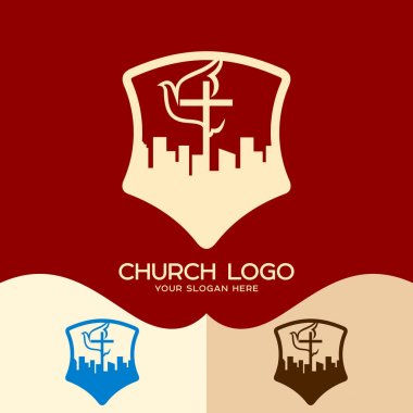 Kilise logosunu görmeniz gerekir. Cristian sembolleri. Tanrım, güvercin ve şehir arası