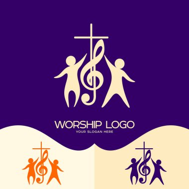 Worship logo. Cristian symbols. Cross, musical note and worshiping Jesus