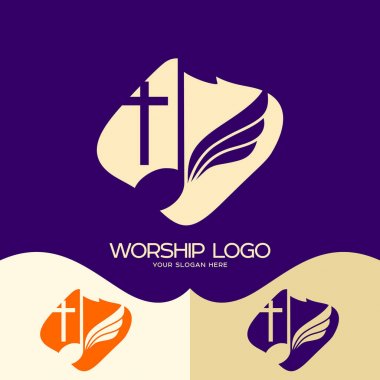 İbadet logosunu görmeniz gerekir. Cristian sembolleri. Cross İsa, nota ve kanat