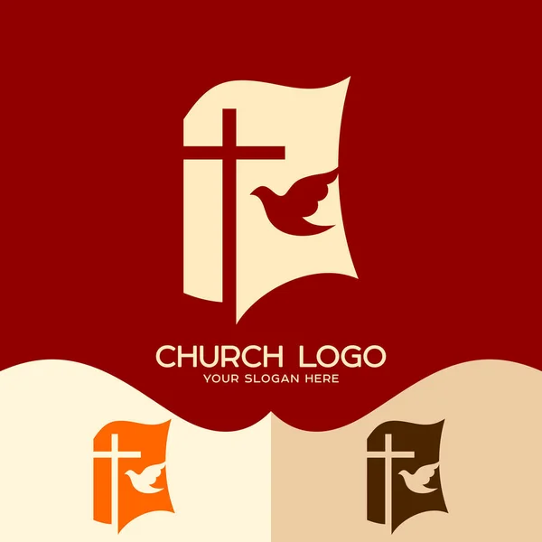 Church logo. Cristian symbols. Cross of Jesus, open bible and pigeon — Stock Vector