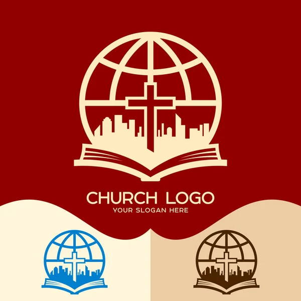 Logo de l'église. Des symboles chrétiens. L "Église de Jésus-Christ au milieu de la ville — Image vectorielle