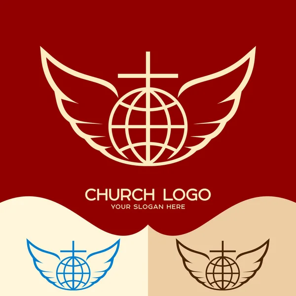 Logotipo da igreja. Símbolos cristãos. A cruz de Jesus, o globo e as asas de um anjo —  Vetores de Stock