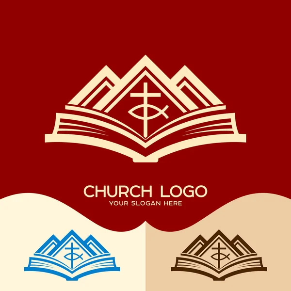 Логотип церкви. Кристианские символы. Крест Иисуса, Библия и горы — стоковый вектор