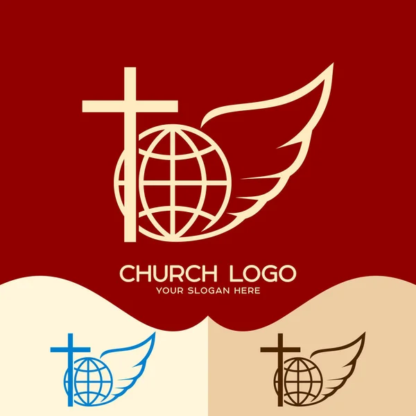 Logo de la iglesia. Símbolos cristianos. Cruz de Jesús, globo y ala de ángel — Vector de stock