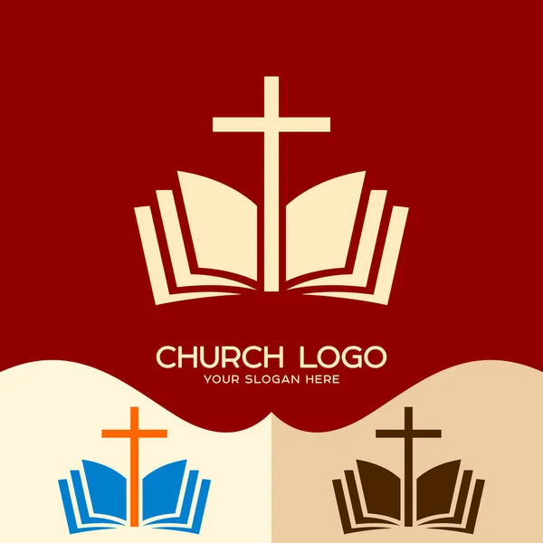 Logotipo da igreja. Símbolos cristãos. A cruz de Jesus e a Bíblia aberta — Vetor de Stock