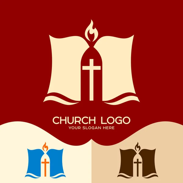 Logo de l'église. Des symboles chrétiens. La Bible et la Croix — Image vectorielle