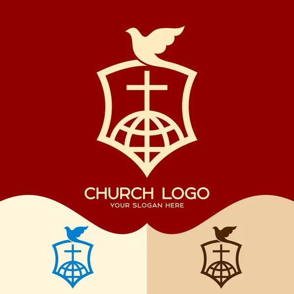 Logo van de kerk. Cristian symbolen. Het Kruis van Jezus, de duif en de hele wereld — Stockvector