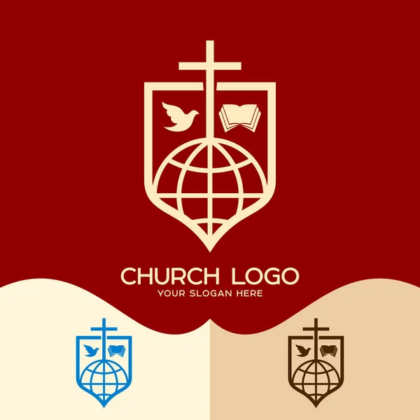 Logo van de kerk. Cristian symbolen. Kruis van Jezus, de Bijbel, de duif en de hele wereld — Stockvector