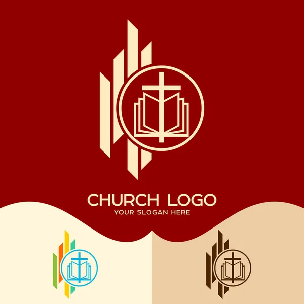 Logo de l'église. Des symboles chrétiens. La Croix de Jésus et la Bible — Image vectorielle