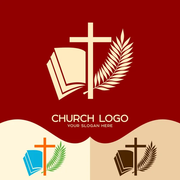 Logotipo da igreja. Símbolos cristãos. Cruz de Jesus, bíblia aberta e ramo de palma — Vetor de Stock