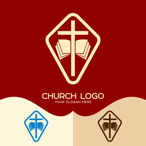 Церква логотип. Крістіан символи. Хрест Ісуса і відкритому Біблії — стоковий вектор