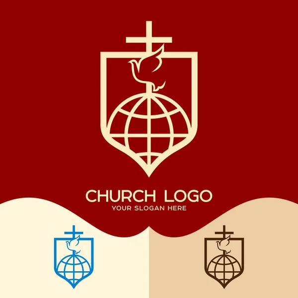 교회 로고입니다. 크리스티안 기호입니다. 십자가, 비둘기와 글로브 — 스톡 벡터
