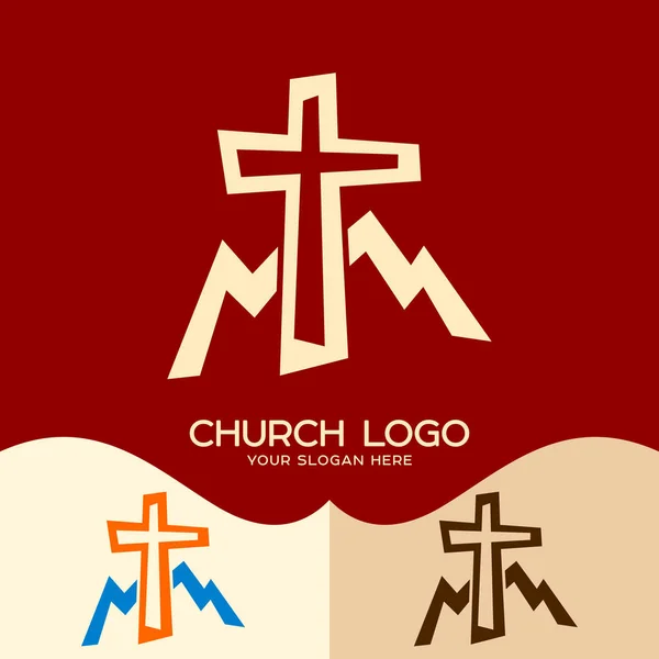 Logo de la iglesia. Símbolos cristianos. Cruz de Jesús y montañas — Vector de stock