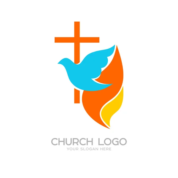 Kostel logo. Cristian symboly. Kříž Ježíš, holubice a plamen — Stockový vektor