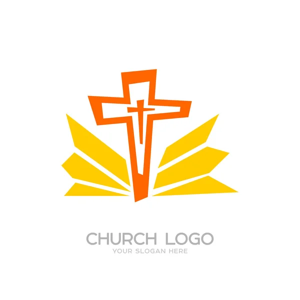 Logo van de kerk. Cristian symbolen. Het Kruis van Jezus en de stralen — Stockvector