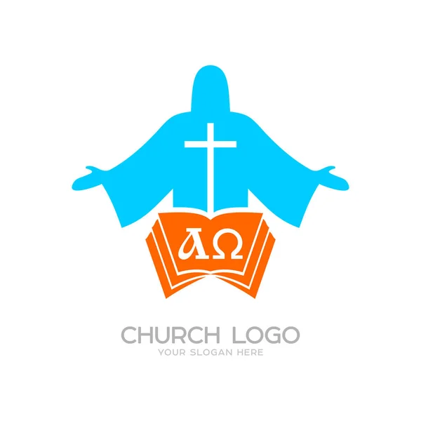Kyrkan-logotypen. Cristian symboler. Jesus Kristus, Bibeln och bokstäverna alfa och omega — Stock vektor