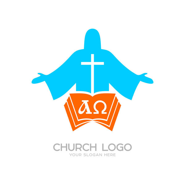 Church logo. Cristian symbols. Jesus Christ, the bible and the letters alpha and omega
