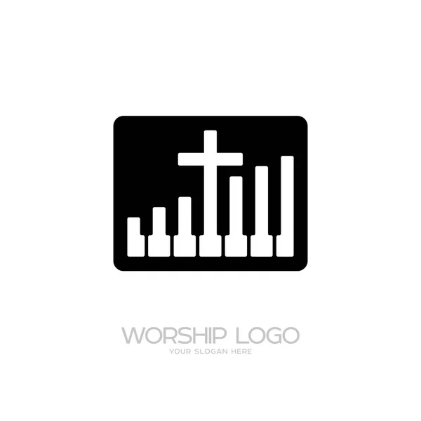 Adoração logotipo. Símbolos cristãos. Chaves de cruz e piano —  Vetores de Stock