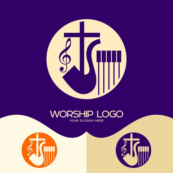 Logo de adoración. Símbolos cristianos. Cruz de Jesús, saxofón y notas — Vector de stock